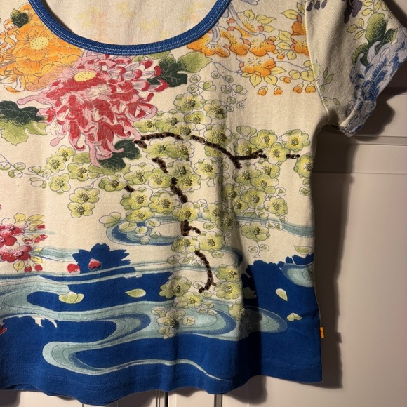Vintage beaded Multicolor Japanese inspired Floral Crop T-shirt - fits like L - Picture 3 of 14
